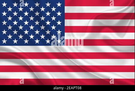 USA Land Flagge auf gewellte Seide Stoff Hintergrund Panorama Stockfoto