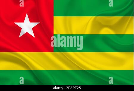 Togo Land Flagge auf gewelltem Seidenstoff Hintergrund Panorama Stockfoto