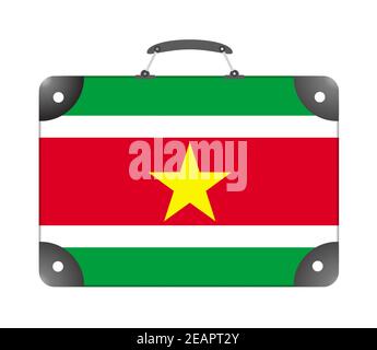 Suriname Landesflagge in Form eines Reisekoffers Auf weißem Hintergrund Stockfoto