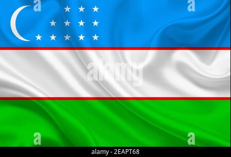 Usbekistan Land Flagge auf welligen Seide Stoff Hintergrund Panorama Stockfoto