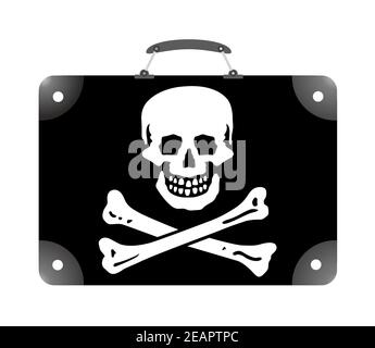 Jolly Roger Flagge in Form eines Reisekoffers Auf weißem Hintergrund Stockfoto