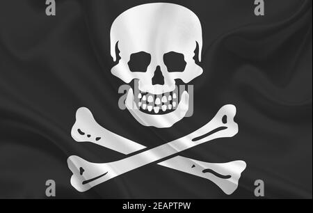 Jolly Roger Country Flagge auf gewelltem Seidenstoff Panorama Hintergrund Stockfoto