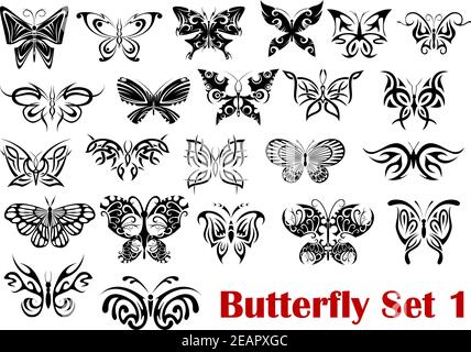 Set von verzierten Schmetterling Silhouette Icons, flach mit ausgebreiteten Flügeln für Insekten, Natur und Tattoo-Design Stock Vektor