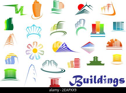 Ikonen von Büros und Wohngebäuden im modernen Stil, die städtische Büros, Wohnblocks und Hochhausarchitektur darstellen Stock Vektor