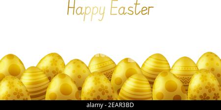 Vektor Happy Easter Grußkarte mit Eiern. Text-Frohe Ostern. Selbstgemachte Schriftart. Goldene bemalte ostereier. 3D Abbildung Stock Vektor