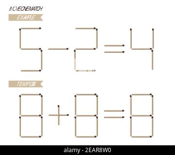 Move onr matchstick Spiel Beispiel und Vorlage. Mathematik und Logik Puzzle für Kinder Vektor-Illustration. Pädagogische Übung mit mathematischen Gleichung in Matches Stock Vektor