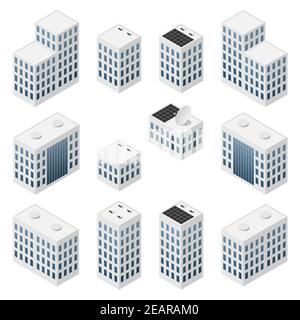 Satz von isometrischen modernen weißen Gebäuden mit blauen Fenstern. Stock Vektor