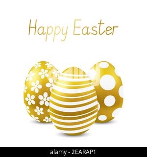 Vektor Happy Easter Grußkarte mit Eiern. Text-Frohe Ostern. Selbstgemachte Schriftart. Drei goldbemalte ostereier. 3D Abbildung Stock Vektor