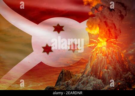 Großer Vulkanausbruch in der Nacht mit Explosion auf Burundi Flagge Hintergrund, Probleme der Katastrophe und vulkanisches Erdbeben konzeptionelle 3D Illustration von na Stockfoto