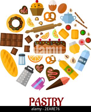 Plätzchen flaches Poster Design mit flachen farbigen Ikonen, die verschiedene Brote, Kuchen, Backzutaten und Küchenutensilien mit dem Text Pastry Stock Vektor