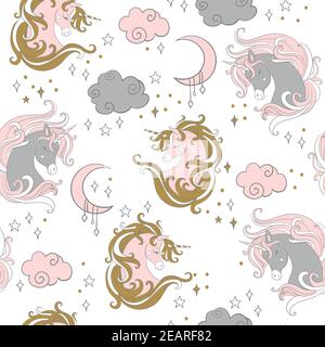 Nahtloses Muster mit goldenen und silbernen Köpfen aus Einhorn und Sternen, Wolken, Mond isoliert auf Weiß. Vektor-Illustration für Party, Print, Baby-Dusche, Stock Vektor