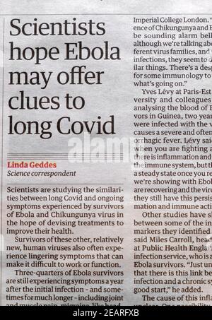"Wissenschaftler hoffen, dass Ebola Hinweise auf Long Covid liefern könnte" Guardian Zeitung Schlagzeile Artikel Seite 29 Januar 2021 London UK Stockfoto
