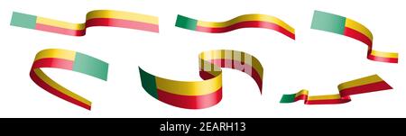 Set von Urlaubsbändern. Flagge der Republik Benin winkt im Wind. Trennung in untere und obere Schichten. Designelement. Vektor auf weißem Hintergrund Stock Vektor