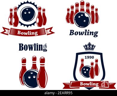 Sporting Bowling heraldische Embleme und Symbole im Retro-Stil mit Ball, Ninepins, Banner und Krone Stock Vektor