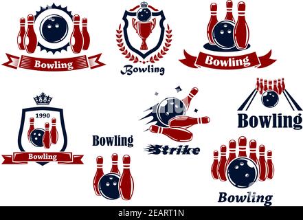 Sportembleme oder Logo für Bowling-Team oder Verein mit Bowling-Kugeln, Kegeln, Bahn, Trophäe, Schilde, Banner, Kronen, Kranz und Bildunterschriften Bowling, Str Stock Vektor