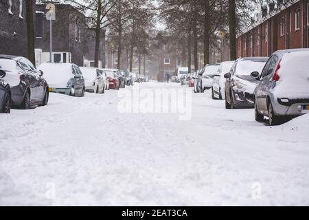 Geparkte Autos bedeckt mit Schnee in der Straße in einer Nachbarschaft. Städtische Stadtstraßenlandschaft Stockfoto