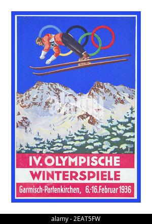 1936 Winter Olympics Vintage Poster, offiziell bekannt als die IV Olympischen Winterspiele, waren ein Winter-Multisport-Event, das vom 6. Bis 16. Februar 1936 in der Marktstadt Garmisch-Partenkirchen in Bayern stattfand. Das Land war auch Gastgeber der Olympischen Sommerspiele 1936, die in Berlin Nazi-Deutschland statt Stockfoto