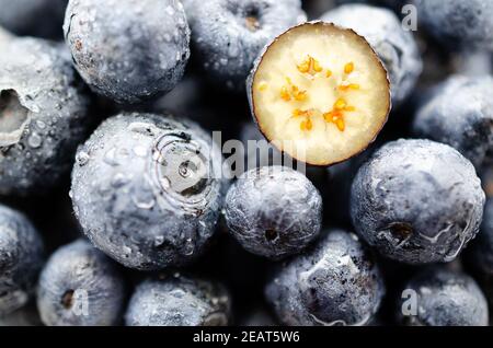Nahaufnahme von frischen Heidelbeeren mit Wassertropfen bereit zum Verzehr. Draufsicht. Stockfoto