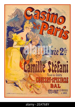 CASINO DE PARIS Vintage Entertainment Poster 1890s Casino de Paris mit Performer Camille Stéfani. Konzert-Spektakel bal / Künstler J. Chéret. Chéret, Jules, 1836-1932, Künstler Paris : Imp. Chaix (Ateliers Chéret), 20, rue Bergére, [1891] (Plakat) : Lithographie, Farbdarstellung von Camille Stéfani mit Akrobaten und Narren. Vorspeise 2fr Paris Frankreich Stockfoto