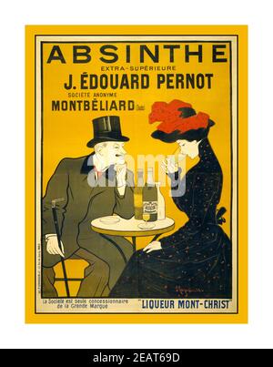 ABSINTHE CAPPIELLO Vintage 1900 's Drink Poster Absinthe extra-supérieure J. Édouard Pernot. Société Anonyme Montbéliard (Doubs) Likör Mont-Christ von : Cappiello, Leonetto, 1875-1942, Künstler Paris : Imp. P. Vercasson & Cie., 43, Rue de Lancry, Posterlithographie, zeigt einen Mann und eine Frau in einem Café, er lächelt und sieht zu, wie sie sein Getränk schmeckt. Frankreich Stockfoto