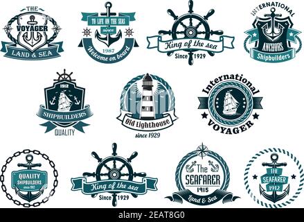 Große Retro-Set von dunkelblauen Marine-Etiketten, Logo und Embleme mit Anker, Räder, Segelboote, Leuchtturm, Band Banner, Seile, Ketten und Sterne Stock Vektor