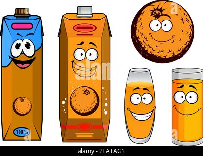 Lustig lächelnd bunt orange mit vollen Gläsern und Pappkartons Orangensaft im Cartoon-Stil für Speisen und Getränke Design Stock Vektor