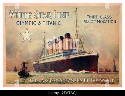 TITANIC & OLYMPIC 1900 Broschüre Werbung Farbe Seite von White Star Line bietet Unterkunft der dritten Klasse in den größten Dampfschiffern In Der Welt 1910 Stockfoto