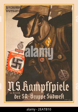 Vintage Nazi SA Propaganda: 1937, 'N.S. Kampfspiele der SA-Gruppe Südwest-Stuttgart', NS-K die oft auf SA verkürzte Sturmabteilung war eine paramilitärische Gruppe für die deutsche Nazi-Partei. Ihr Anführer war Ernst Röhm. Die Gruppe war wichtig, Adolf Hitler zu helfen, Macht in der 1930s. 1937, 'N.S. Kampfspiele der SA-Gruppe Südwest Stuttgart', Illustration NS Fighters und NS Standard Deutschland Erwache ‘Germany Awake’ 1930er Jahre Stockfoto