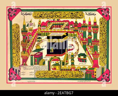 MEKKA 1900 Reise Poster Kaaba Hajj Mekka Pilgerfahrt. Vintage Poster mit Blick auf Kaab in Mekka. Detaillierte Darstellung der Moschee Masjid al-Haram in Mekka, Saudi-Arabien mit arabischem Text. Das Plakat wurde von einem der Pilger bei seinem Besuch in Mekka erhalten. Die Kaaba ist ein Gebäude im Zentrum der wichtigsten Moschee des Islam, der Masjid al-Haram in Mekka, Saudi-Arabien. Es ist der heiligste Ort im Islam. Es wird von Muslimen als der Bayt Allah - das Haus Gottes betrachtet und ist die Qibla (Gebetsrichtung) für Muslime auf der ganzen Welt, wenn sie salah durchführen. Saudi-Arabien, 1900s Stockfoto