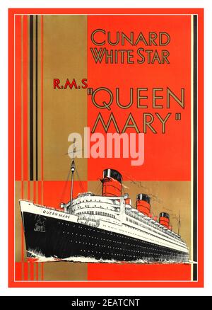 RMS QUEEN MARY 1930er Jahre CUNARD WHITE STAR Vintage Ocean Liner Poster von William Jarvis. Cunard White Star R.M.S Queen Mary, original Lithograph Poster gedruckt von British Color Printing Co. Ltd 1936 RMS Queen Mary 1936 Werbeplakat für das Flaggschiff Ocean Liner von Cunard-White Star Line Poster Design von William Howard Jarvis (1903-1964). Stockfoto