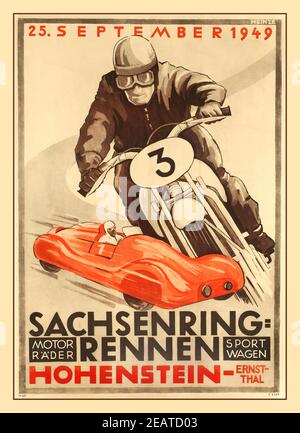 Oldtimer Motorradrennen Poster Sport Event 1940er Jahre die Sachsenring Motorsportstrecke in Hohenstein-Ernstthal bei Chemnitz in Sachsen, Deutschland. Es wird der jährliche große Preis des deutschen Motorrades der FIM Grand Prix Motorrad-Weltmeisterschaft ausgetragen. Sachsenring-rennen Hohenstein Ernstthal, original Poster gedruckt in Deutschland 1949 Künstler Heinze Stockfoto