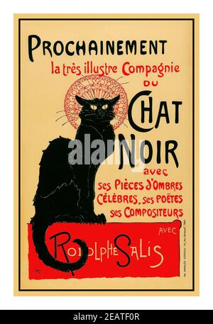 CHAT NOIR PARIS Montmartre Poster 1890 von Alexandre Steinlen, prochainement la très illuste Compagnie du Chat Noir (Poster for the Company of the Black Cat) 1896, Avec ses pieces sombres celebres ,ses poëtes ses Compositeurs 1890 Plakat Werbung bevorstehende Attraktionen der berühmten Gesellschaft der Black Cat France Art Poster: Diese ikonische Plakatkunst von Theophile Alexandre Steinlein war eine Werbung für Le Chat Noir (The Black Cat), einem berühmten Kabarett und Nachtclub von 19C in Montmartre, Paris Frankreich.der Club wurde von dem Künstler Rodolphe Salis eröffnet Stockfoto