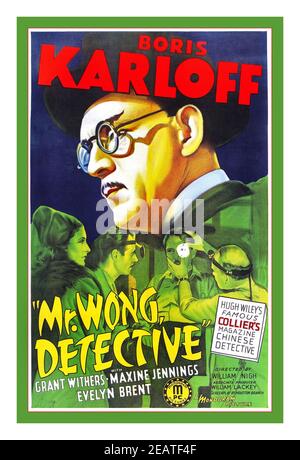 MR WONG DETECTIVE Vintage 1930er Film Movie Poster 'Mr Wong Detective' mit Boris Karloff mit Grant Withers, Maxine Jennings und Evelyn Brent. Regie: William nigh. Mr. Wong, Detective ist ein amerikanischer Kriminalfilm von 1938, der von William Nagh gedreht wurde und Boris Karloff in seinem ersten Auftritt als Mr. Wong darstellte. Stockfoto