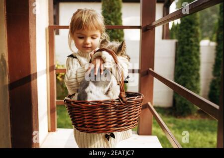 Kind mit Hund im Korb sitzen auf der Treppe Stockfoto