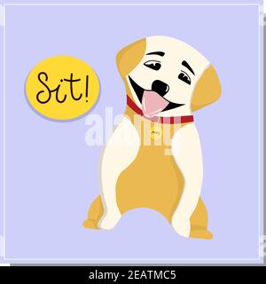 HUNDEAUSBILDUNG, Kommando sitzen. Schönes Hundetraining, tolles Design für jeden Zweck. Kollegen arbeiten zusammen. Schöne Illustration mit Training einen roten Hund. Vektorhintergrund. Symbol für die Abbildung. Sporthintergrund Stockfoto