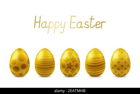 Vektor Glückliche Ostern Grußkarte mit realistischen Eiern isoliert. Fünf goldene glänzende Metall-ostereier. Text-Frohe Ostern. Selbstgemachte Schriftart. 3D illustrati Stock Vektor
