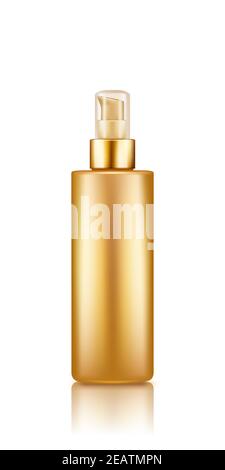 Pumpe goldene Serumflasche Mockup mit transparenter Kappe isoliert auf weißem Hintergrund. Kunststoffgehäuse. Leere Kosmetik, Hygiene, Hautpflege-Vorlage. Stock Vektor