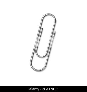 Einzelne silberne Metallic realistische Büroklammer auf weißem Hintergrund. Büroklammer-Symbol mit weichem Schatten. Vorlage für Ihr Design Stock Vektor