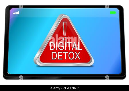Tablet-Computer mit roter Digital Detox-Taste auf blauem Desktop - 3D Abbildung Stockfoto