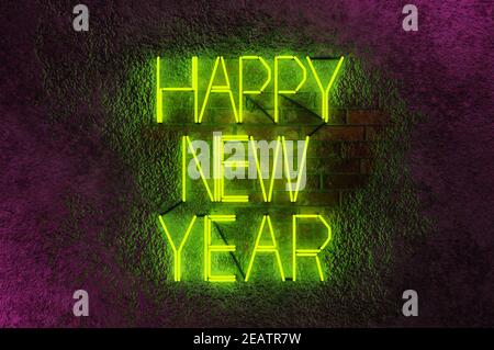 3d Rendering - Illustration, Happy New Year in bunten Trend Neon-Stil. Für Web- oder Print-Anzeigen für Silvester feiern. Stockfoto