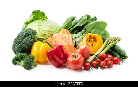 Eine Sammlung von verschiedenen Gemüse auf einem weißen Hintergrund platziert Stockfoto