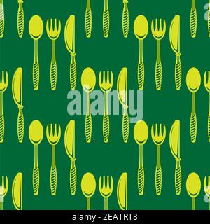 Essen Nahtloses Muster für Cafe. Gabel Löffel Messer Logo Design isoliert auf grünem Hintergrund Stockfoto