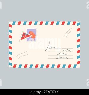 Briefumschlag mit Postmarken und Briefmarken, flache Vektorgrafik isoliert. Stock Vektor
