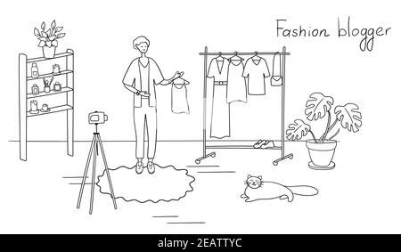 Mode-Blogger zeigt trendige Kleidung zur Kamera. Stylisten-Influencer erstellt Inhalte für Vlog. Junger Mann lehrt trendy Outfit wählen. Meinung Stock Vektor