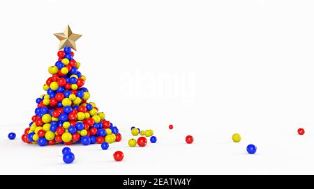 Weihnachtsbaum aus Kugel Dekoration auf weißem Hintergrund. Minimales Neujahrs-Konzept. 3D Rendering-Illustration. Stockfoto