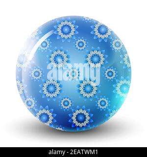 Winter Glas hellblaue Kugel oder kostbare Perle mit Schneeflocken. Glänzende realistische Kugel, 3D abstrakte Vektor-Illustration auf einem weißen markiert Stock Vektor