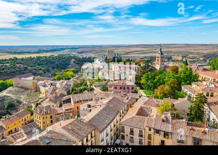 Luftaufnahme von Alcazar de Segovia von der gotischen Kathedrale, Spanien Stockfoto