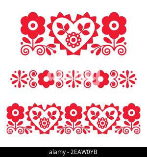 Polnischer Retro floral Folk Art Vektor lange Muster und Design-Elemente von traditionellen Stickereien inspiriert, Grußkarten Dekor Stock Vektor