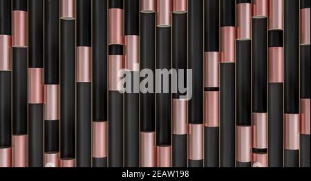 Metallische Zylinder in schwarzen Tuben, Goldkanten, abstrakter geometrischer Hintergrund. Stockfoto