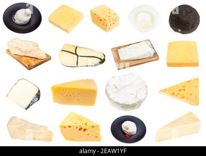 Sammlung von verschiedenen Stücken von Käse isoliert Stockfoto
